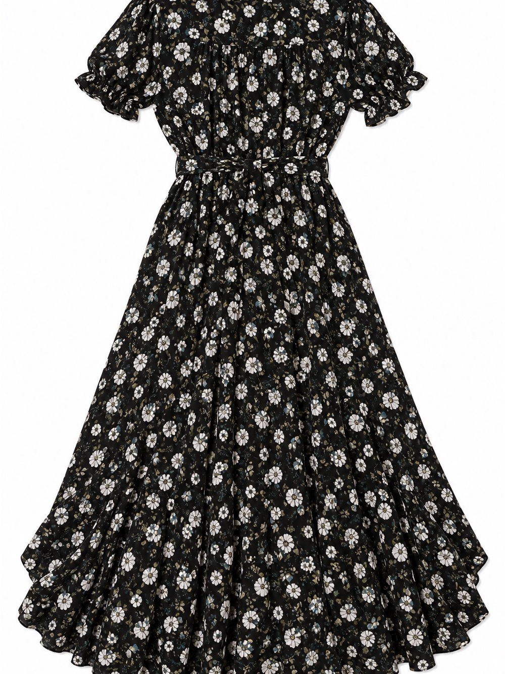 Max Studio Black Floral Midi Dress with Ruffled Sleeves